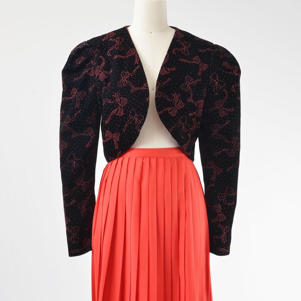 Vintage 80s Black Velvet Scott McClintock Bow Print Puff Sleeve Bolero Jacket M